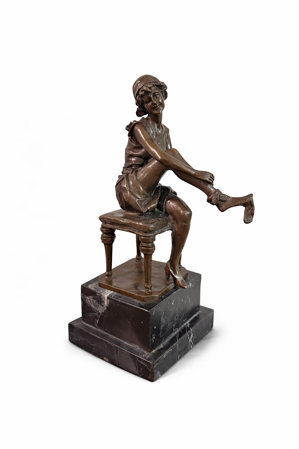 Bronze sculpture of female putting on stockings by Gori